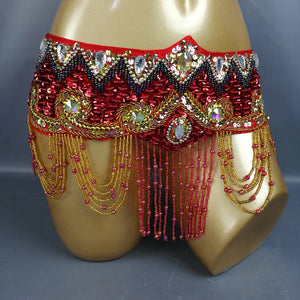 Belly Dance Hip Scarf, Women's Royal Blue Sequin & Bead Embellished Hip Belt with Gold & Iridescent Fringe, Tribal Fusion Dancewear