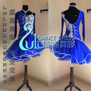 Latin Dance Dress Women's Royal Blue Rhinestone Long Sleeve Open Back Ruffled Skirt