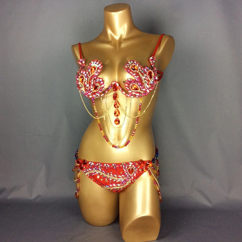 Samba Carnival Wire Bra & Panty 2pcs/Set Rainbow stones free shipping CB010-3