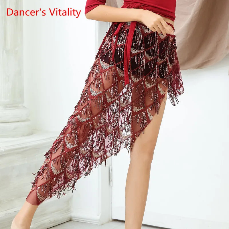 Belly Dance Skirt Women's Gold Sequin Mesh Asymmetrical Hip Scarf with Fringe Tassels, Latin Rumba Performance Wrap