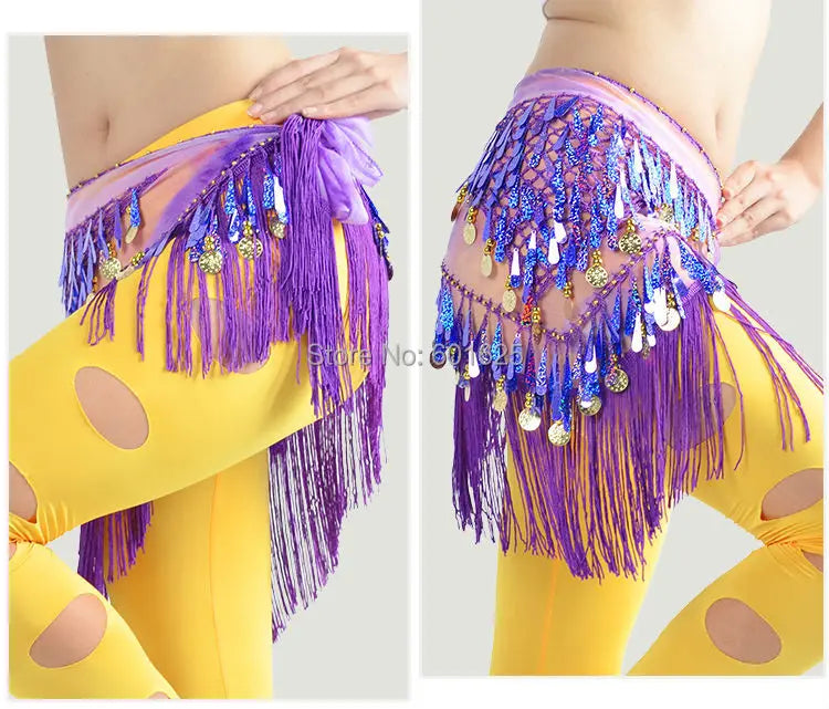 Belly Dance Hip Scarf, Women's Blue Tie-Dye Fringe & Sequin Coin Belt, Asymmetrical Tassel Skirt for Tribal Fusion & Practice