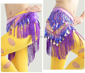 Belly Dance Hip Scarf, Women's Blue Tie-Dye Fringe & Sequin Coin Belt, Asymmetrical Tassel Skirt for Tribal Fusion & Practice