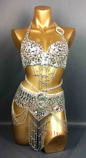 Belly Dance Costume, Women's Gold Sequin & Rhinestone Halter Bra & Hip Scarf Set with Beaded Fringe, Professional Performance Wear