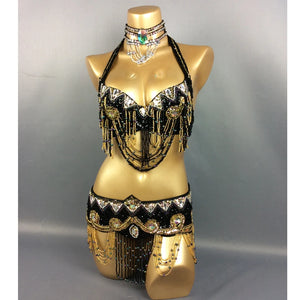 Belly Dance Costume Women Gold Sequin Beaded Fringe Halter Top and Belt Set with Rhinestone Necklace