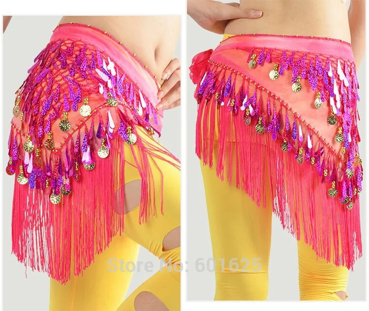Belly Dance Hip Scarf, Women's Blue Tie-Dye Fringe & Sequin Coin Belt, Asymmetrical Tassel Skirt for Tribal Fusion & Practice
