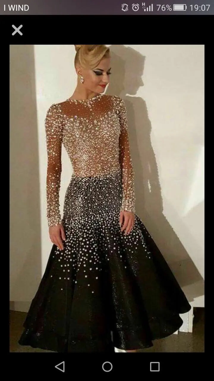 Ballroom Women's Black & Nude Sequin Mesh Long Sleeve Gown with Full Skirt
