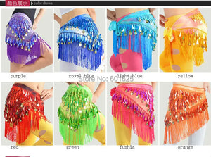 Belly Dance Hip Scarf, Women's Blue Tie-Dye Fringe & Sequin Coin Belt, Asymmetrical Tassel Skirt for Tribal Fusion & Practice