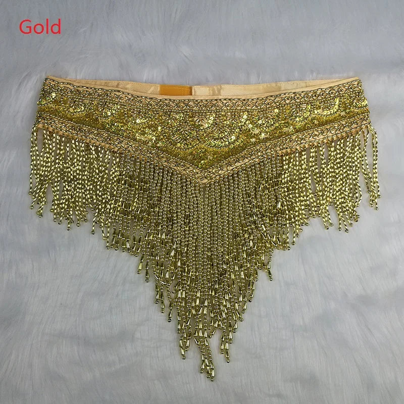 Belly Dance Hip Scarf, Women's Red Beaded Sequin Fringe Tassel Skirt, Latin Dance Costume Accessory