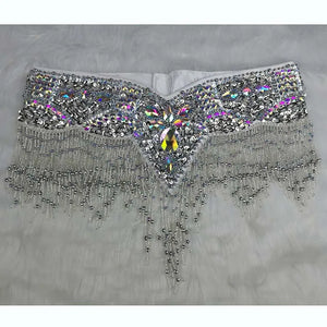 Belly Dance Hip Scarf, Women's Black & Silver Sequin Beaded Fringe Hip Belt, Tribal Dance Skirt