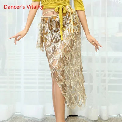Belly Dance Skirt Women's Gold Sequin Mesh Asymmetrical Hip Scarf with Fringe Tassels, Latin Rumba Performance Wrap