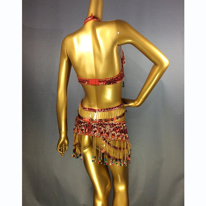 Women's Beaded Belly Dance Costume Top Bar+Belt 2pcs Set Bellydance Clothes Sexy Night Stage Dancewear Carnival Costume TF1411