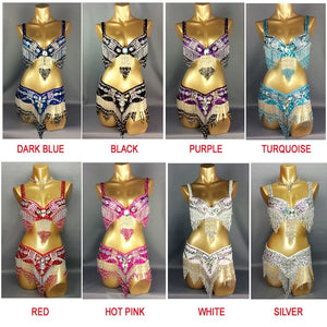 Women's Black & Silver Beaded Sequin Fringe Belly Dance Costume Set