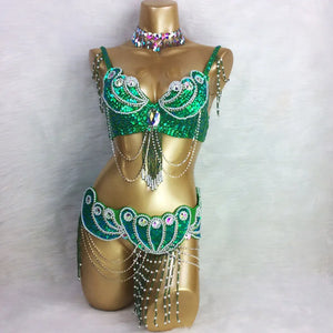 Belly Dance Costume, Women's Turquoise Sequin Beaded Chiffon Bra and Belt Set with Rhinestone Choker