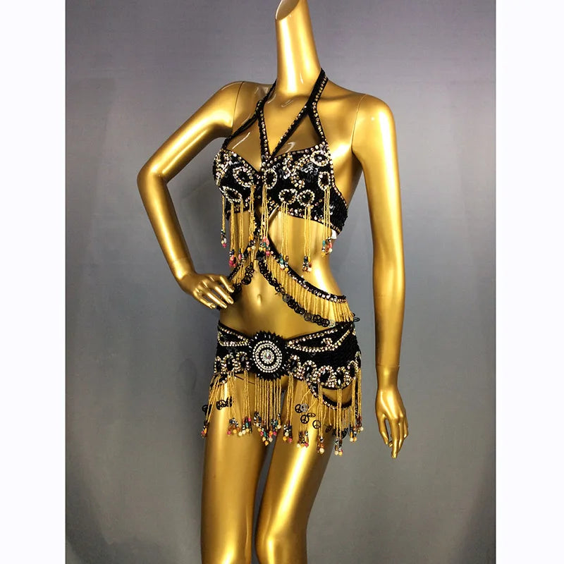 Belly Dance Costume Women's Blue Sequin Beaded Fringe Halter Top and Hip Scarf Set for Eastern Dance Performance