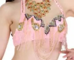 Belly Dance Costume Women Gold Sequin Beaded Fringe Halter Top and Belt Set with Rhinestone Necklace