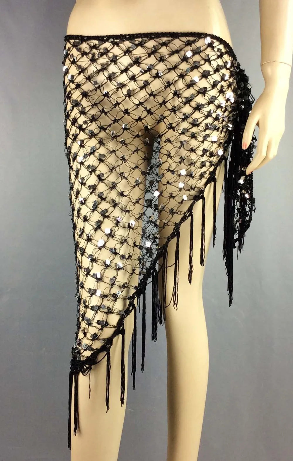 Women's Blue Sequin Mesh Fringe Belly Dance Hip Scarf