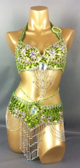 Belly Dance Costume, Women's Gold Sequin & Rhinestone Halter Bra & Hip Scarf Set with Beaded Fringe, Professional Performance Wear
