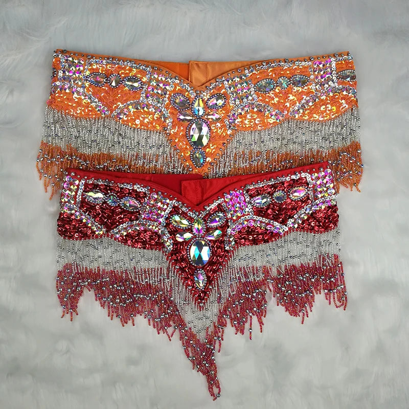 Belly Dance Hip Scarf, Women's Black & Silver Sequin Beaded Fringe Hip Belt, Tribal Dance Skirt