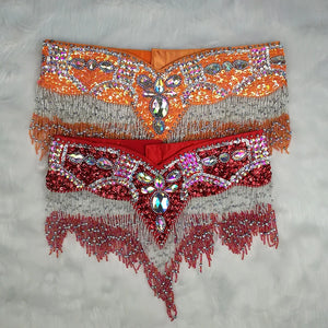 Belly Dance Hip Scarf, Women's Black & Silver Sequin Beaded Fringe Hip Belt, Tribal Dance Skirt