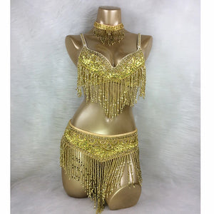 Belly Dance Bra and Belt Set, Women's Gold Sequin Beaded Fringe, Tribal Fusion Performance Costume