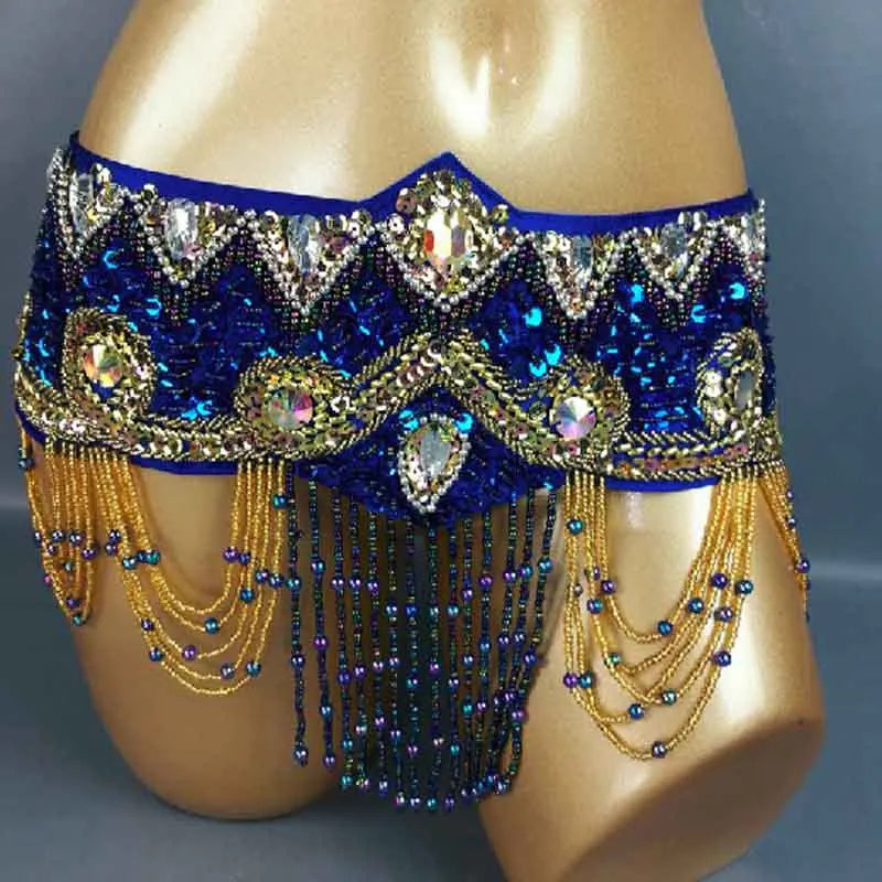 Belly Dance Hip Scarf, Women's Royal Blue Sequin & Bead Embellished Hip Belt with Gold & Iridescent Fringe, Tribal Fusion Dancewear
