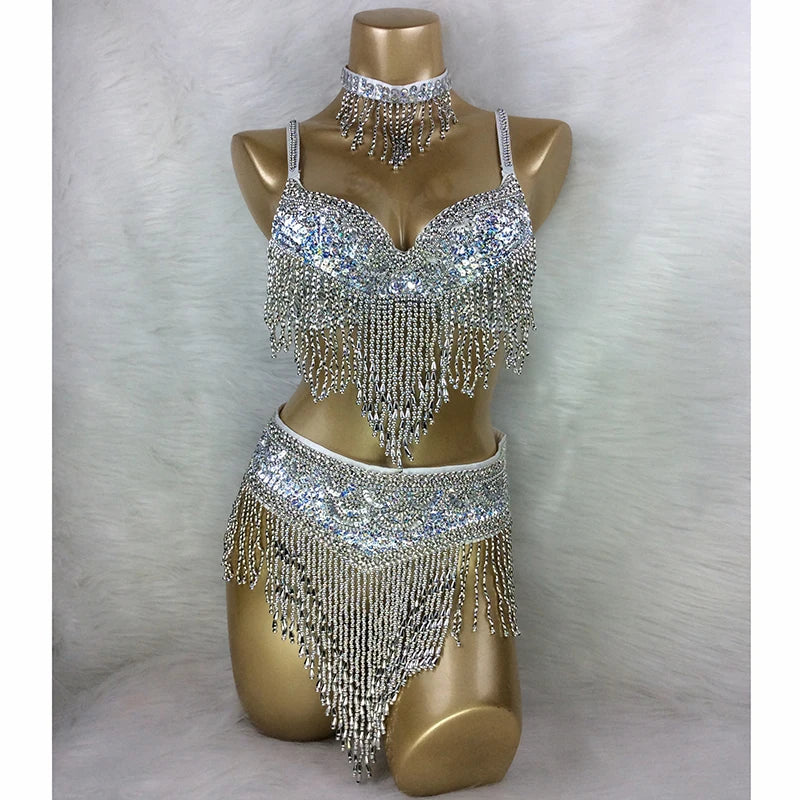 Belly Dance Bra and Belt Set, Women's Gold Sequin Beaded Fringe, Tribal Fusion Performance Costume