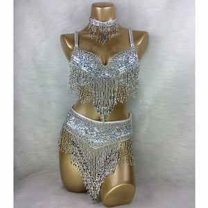 Belly Dance Bra and Belt Set, Women's Gold Sequin Beaded Fringe, Tribal Fusion Performance Costume