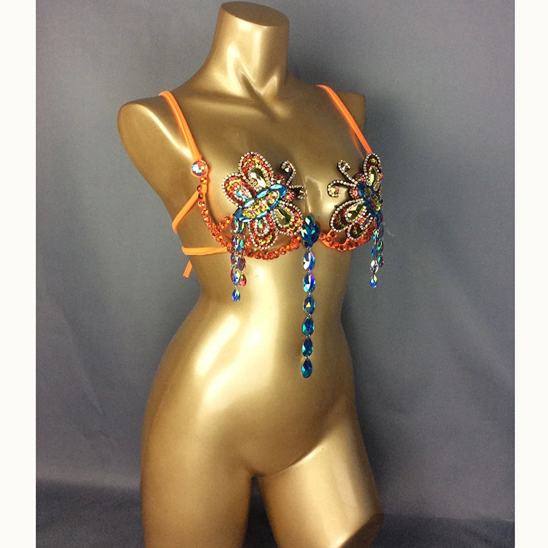 Belly Dance Top Womens Pink and Blue Beaded Halter Bra with Rhinestones and Dangles for Performance and Practice