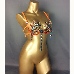 Belly Dance Top Womens Pink and Blue Beaded Halter Bra with Rhinestones and Dangles for Performance and Practice
