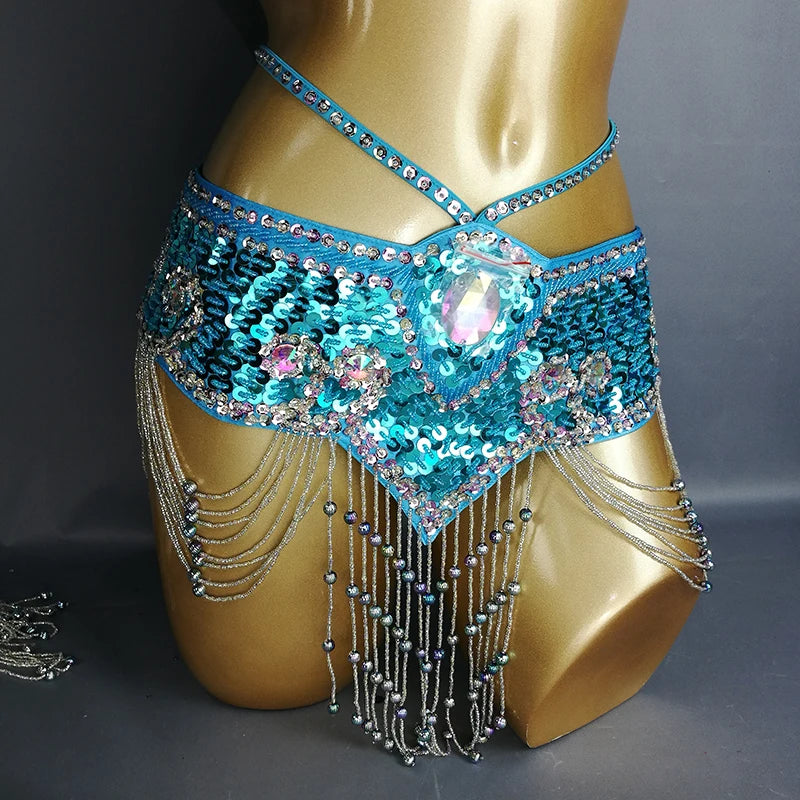 Belly Dance Hip Scarf, Women's Aqua Blue Sequin Beaded Tassel Belt, Professional Performance Costume