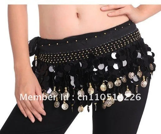 Belly Dance Hip Scarf for Women, Blue Sequin & Coin Fringe, Chiffon & Spandex, Tribal Fusion Bellydance