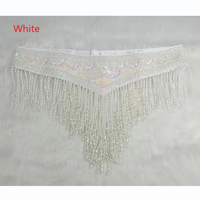 Belly Dance Hip Scarf, Women's Red Beaded Sequin Fringe Tassel Skirt, Latin Dance Costume Accessory