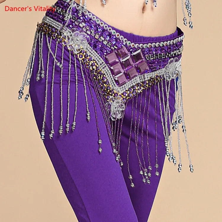 Belly Dance Hip Scarf, Women's Red Sequin & Beaded Fringe Hip Belt for Performance & Practice