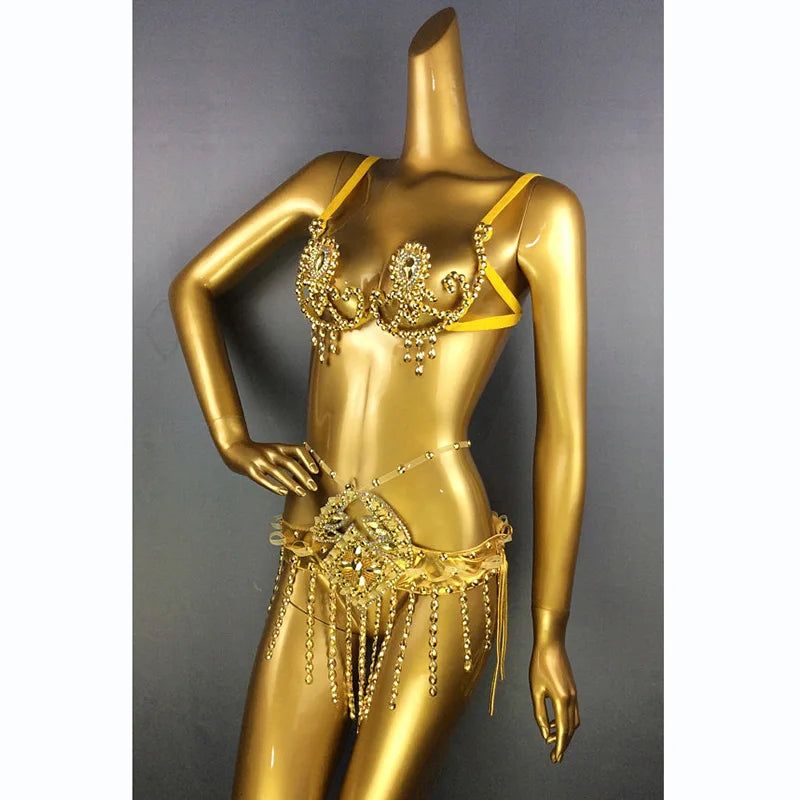 Belly Dance Bra and Belt Set, Women's Red Sequin Rhinestone Beaded Halter Top and Hip Scarf, Cabaret Dancewear