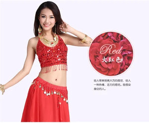 Women's Royal Blue Sequin Halter Belly Dance Costume Set with Coin Skirt