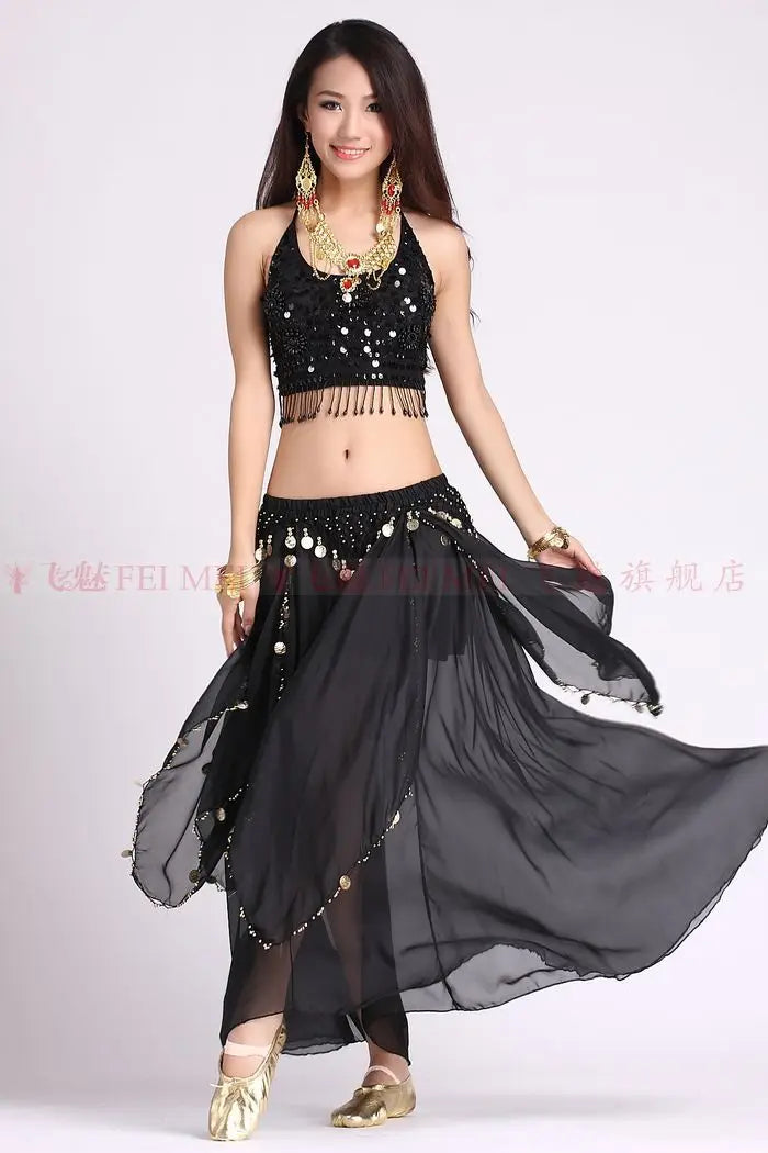 Women's Royal Blue Sequin Halter Belly Dance Costume Set with Coin Skirt