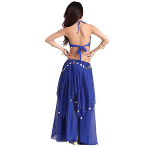 Women's Royal Blue Sequin Halter Belly Dance Costume Set with Coin Skirt