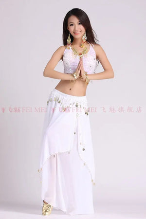 Women's Royal Blue Sequin Halter Belly Dance Costume Set with Coin Skirt