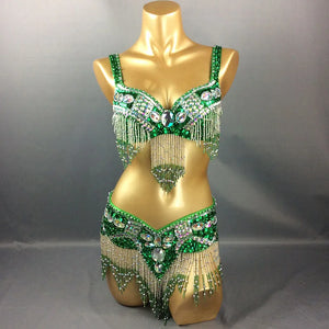 Women's Black & Silver Beaded Sequin Fringe Belly Dance Costume Set