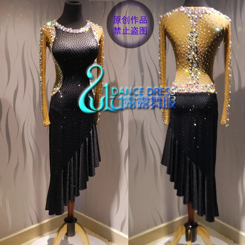 Latin Dance Dress Women's Black & Gold Rhinestone Mesh Long Sleeve Asymmetrical Ruffle Ballroom Dress