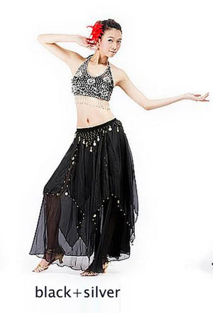 Women's Royal Blue Sequin Halter Belly Dance Costume Set with Coin Skirt