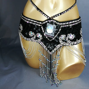 Belly Dance Hip Scarf, Women's Aqua Blue Sequin Beaded Tassel Belt, Professional Performance Costume