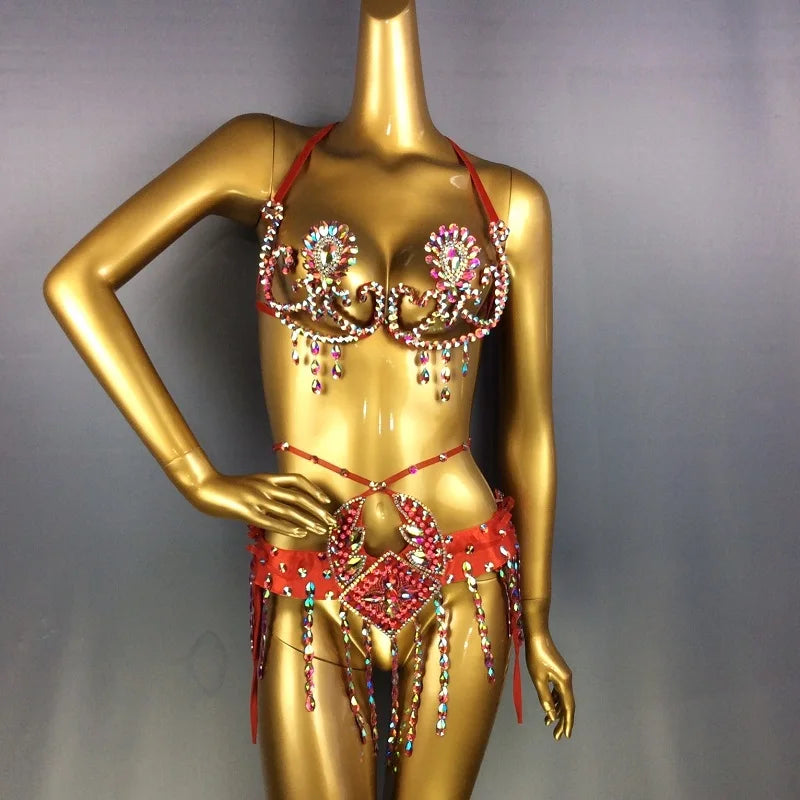 Belly Dance Bra and Belt Set, Women's Red Sequin Rhinestone Beaded Halter Top and Hip Scarf, Cabaret Dancewear