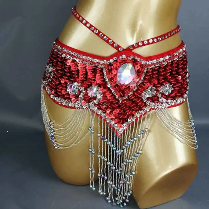 Belly Dance Hip Scarf, Women's Aqua Blue Sequin Beaded Tassel Belt, Professional Performance Costume