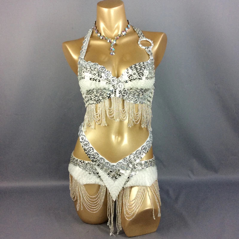 Belly Dance Costume, Women's Black & Silver Beaded Halter Top & Skirt Set, Sequin & Bead Fringe, Performance Wear