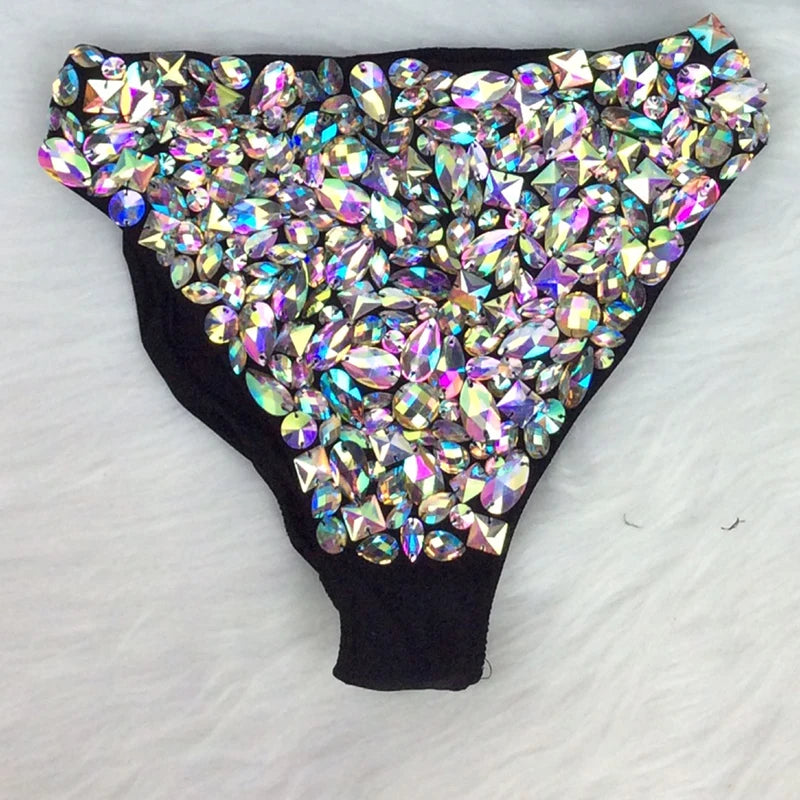 High-Waisted Women's Iridescent Rhinestone Embellished Black Dance Shorts, Crystal Studded Bottoms