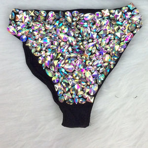 High-Waisted Women's Iridescent Rhinestone Embellished Black Dance Shorts, Crystal Studded Bottoms