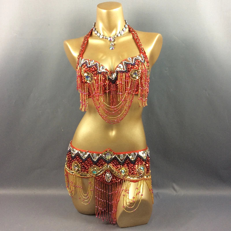 Belly Dance Costume Women Gold Sequin Beaded Fringe Halter Top and Belt Set with Rhinestone Necklace