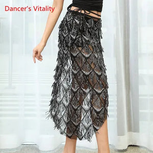 Belly Dance Skirt Women's Gold Sequin Mesh Asymmetrical Hip Scarf with Fringe Tassels, Latin Rumba Performance Wrap