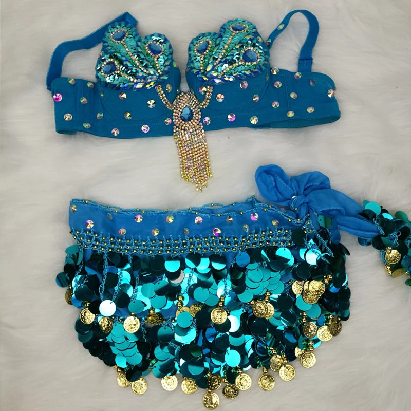 Women's Blue Sequin Beaded Fringe Belly Dance Costume Bra and Belt Set